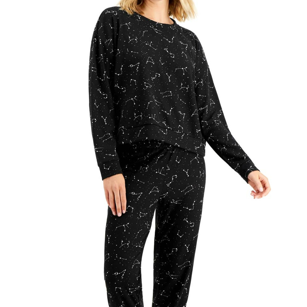 Jenni Long Sleeve printed Waffle Pajama Top (top only) black Medium